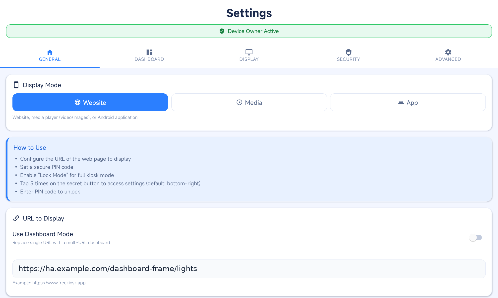 FreeKiosk settings: main URL