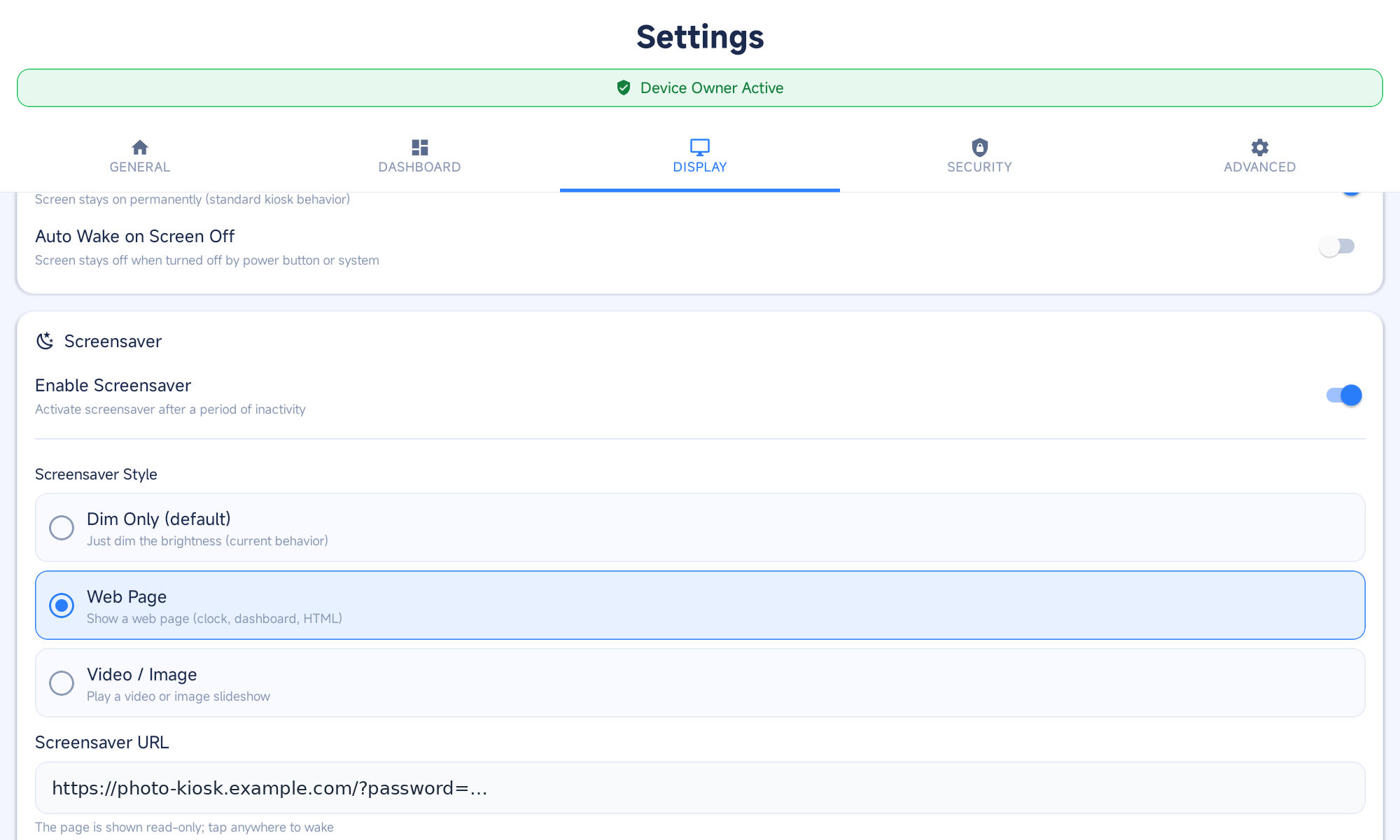 FreeKiosk settings: screensaver